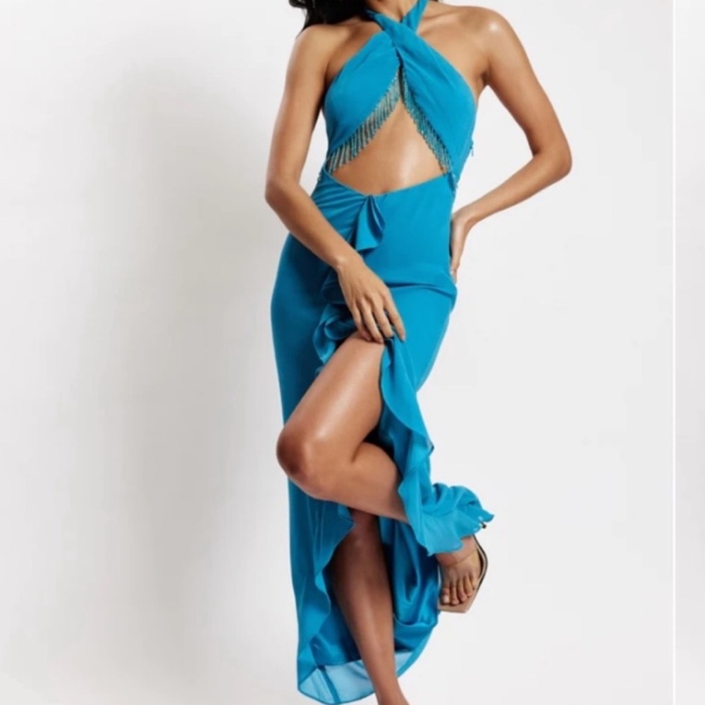 Meshki Teal Blue Halter Cutout Ruffle Evening Dress